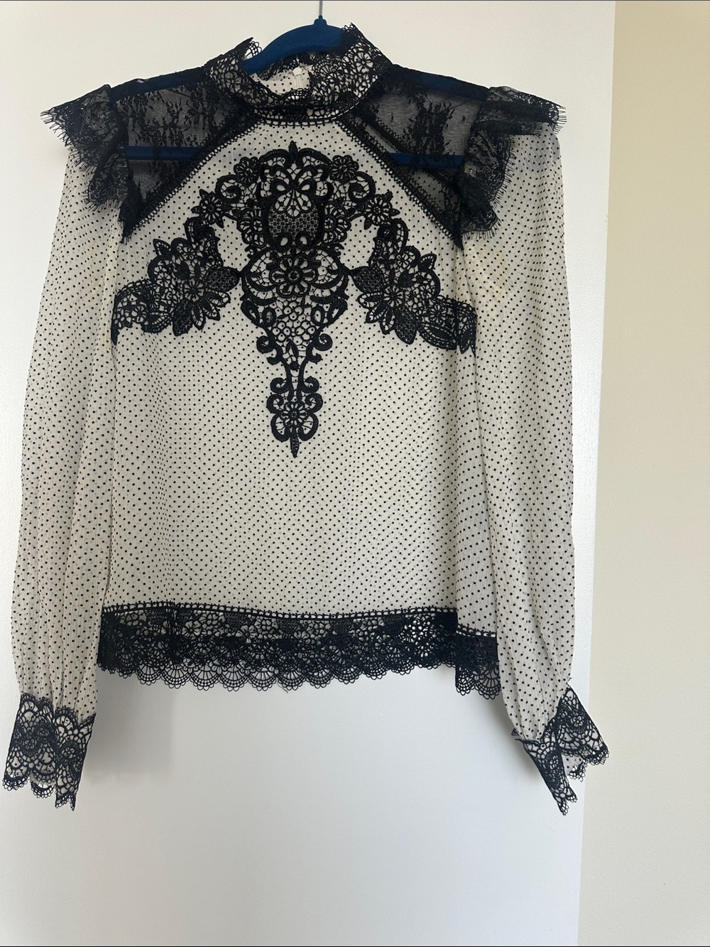 The Kooples Black Lace Appliqué Polka Dot Blouse - Cream